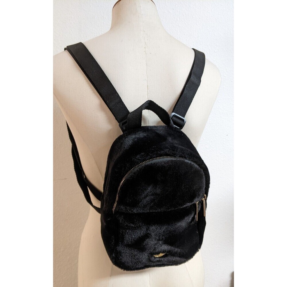 ADIDAS Black Faux Fur Adjustable Mini-Backpack Gold Trefoil Hardware - Picture 9 of 16